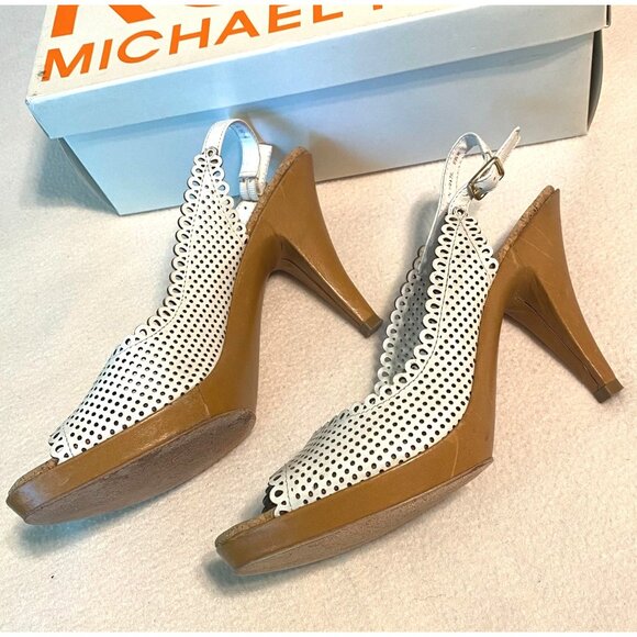size 8 perforated Michael Kors White Open Toe Slingback High Heels platform - Picture 8 of 13